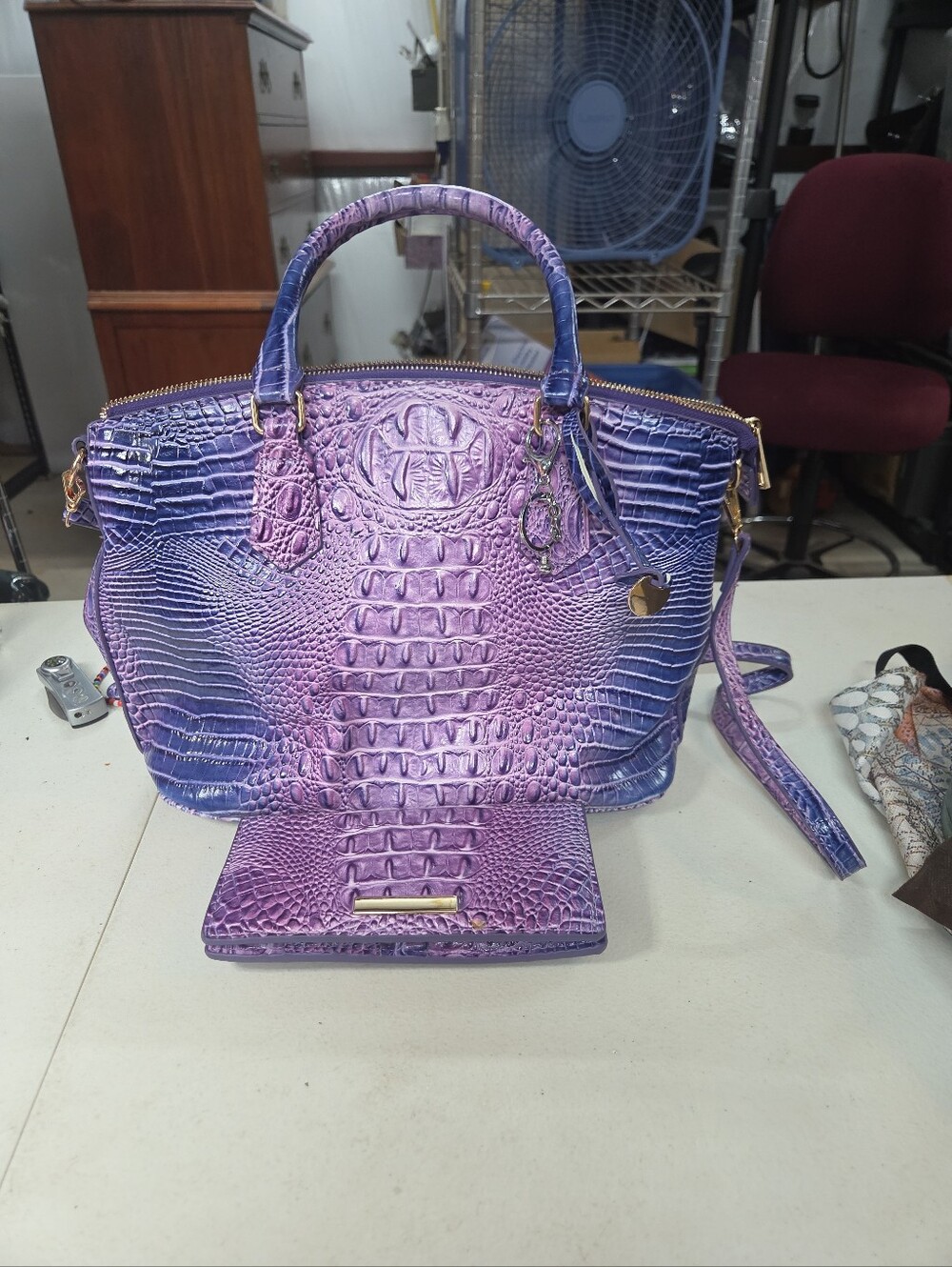 Purple Croc-Embossed Tote Bag with Removable Wallet - Picture 2 of 7